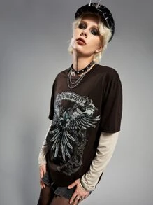 ROMWE Grunge Punk 假兩件字母圖案T恤 - 巧克力棕 - 查看 5