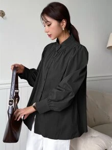 DAZY Bishop Sleeve Button Up Shirt,Fall Clothes - Black - View 3