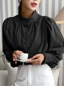 DAZY Bishop Sleeve Button Up Shirt,Fall Clothes - Black - View 4