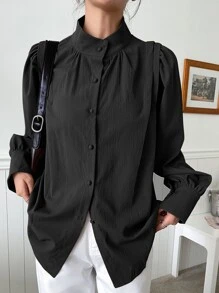 DAZY Bishop Sleeve Button Up Shirt,Fall Clothes - Black - View 5