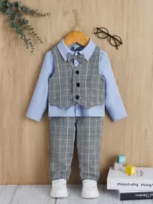 SHEIN 男嬰前蝴蝶結二合一襯衫和格紋長褲 - 彩色 - 查看 1