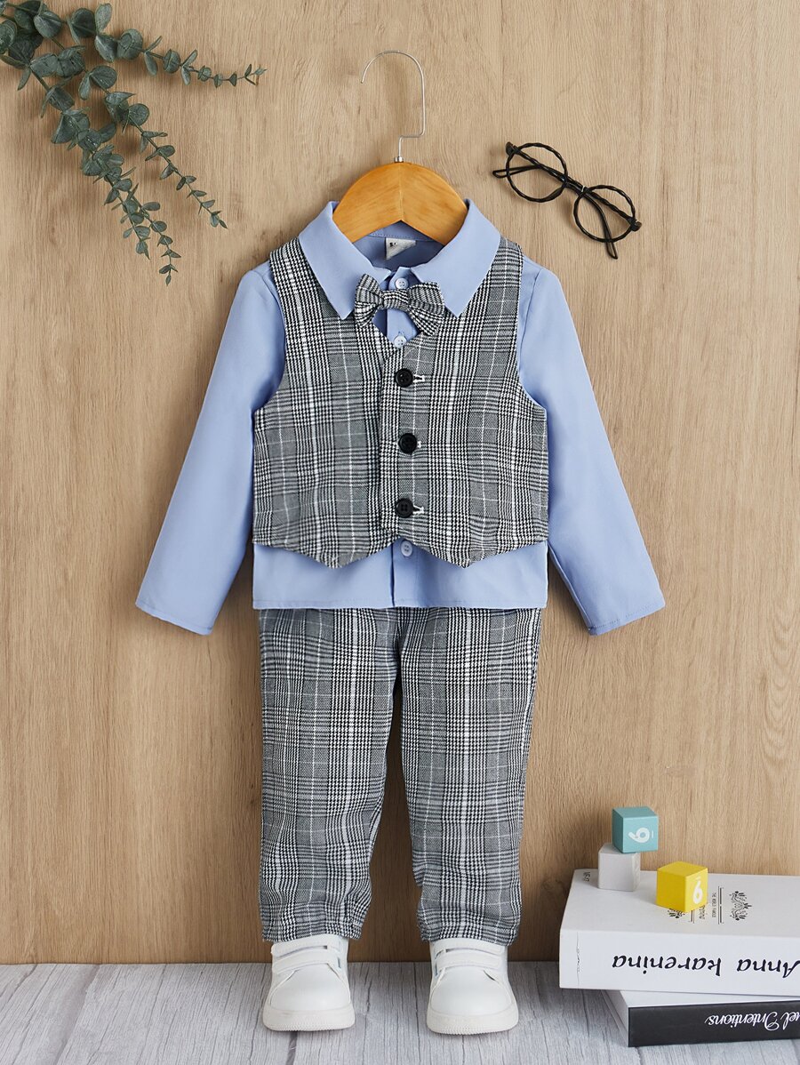SHEIN 男嬰前蝴蝶結二合一襯衫和格紋長褲 - 彩色 - 查看 1