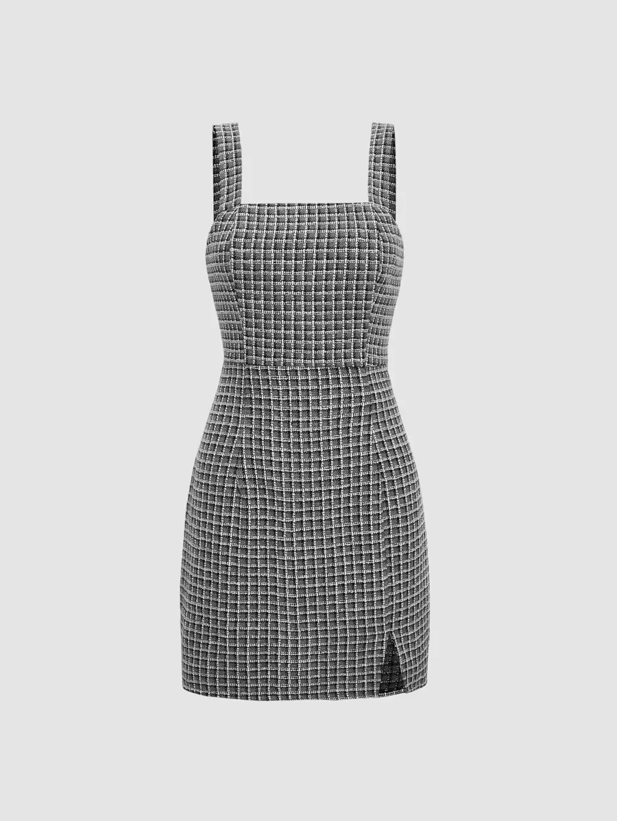 SHEIN MOD Plaid Split Hem Tweed Cami Dress - Dark Grey - View 1