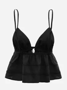 SHEIN ICON Áo hai dây Lộ Lưng Tương phản ren Thắt nơ trước màu trơn Boho - màu đen - Xem 3