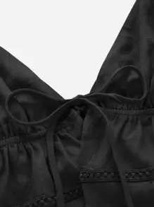 SHEIN ICON Áo hai dây Lộ Lưng Tương phản ren Thắt nơ trước màu trơn Boho - màu đen - Xem 6