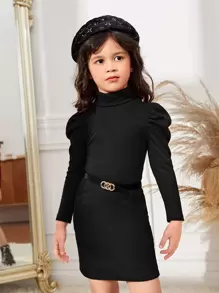 SHEIN Toddler Girls Turtleneck Puff Sleeve Dress Without Belt - Black - View 1