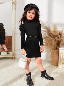 SHEIN Toddler Girls Turtleneck Puff Sleeve Dress Without Belt - Black - View 3