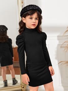 SHEIN Toddler Girls Turtleneck Puff Sleeve Dress Without Belt - Black - View 4