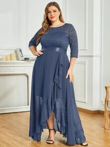 MIUSOL 大碼荷葉邊圍裹下擺蕾絲拼接連衣裙 - 灰色 - 查看 3