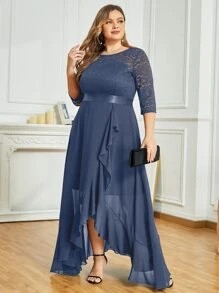 MIUSOL 大碼荷葉邊圍裹下擺蕾絲拼接連衣裙 - 灰色 - 查看 7