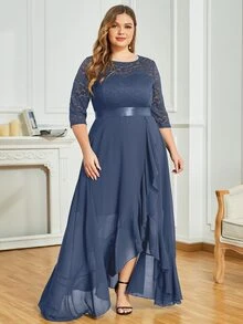 MIUSOL 大碼荷葉邊圍裹下擺蕾絲拼接連衣裙 - 灰色 - 查看 5