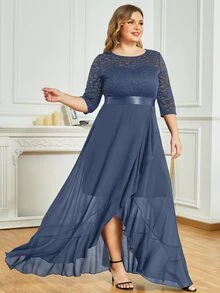 MIUSOL 大碼荷葉邊圍裹下擺蕾絲拼接連衣裙 - 灰色 - 查看 4