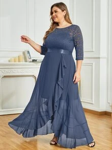 MIUSOL 大碼荷葉邊圍裹下擺蕾絲拼接連衣裙 - 灰色 - 查看 6