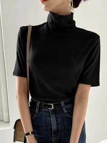 DAZY 高领纯色夏季T恤，商务休闲女式学院风上衣 - 黑色 - 查看 3