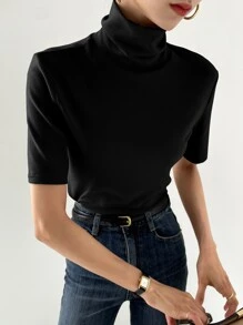 DAZY 高领纯色夏季T恤，商务休闲女式学院风上衣 - 黑色 - 查看 4