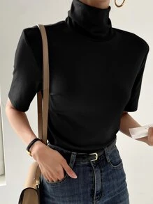 DAZY 高领纯色夏季T恤，商务休闲女式学院风上衣 - 黑色 - 查看 5