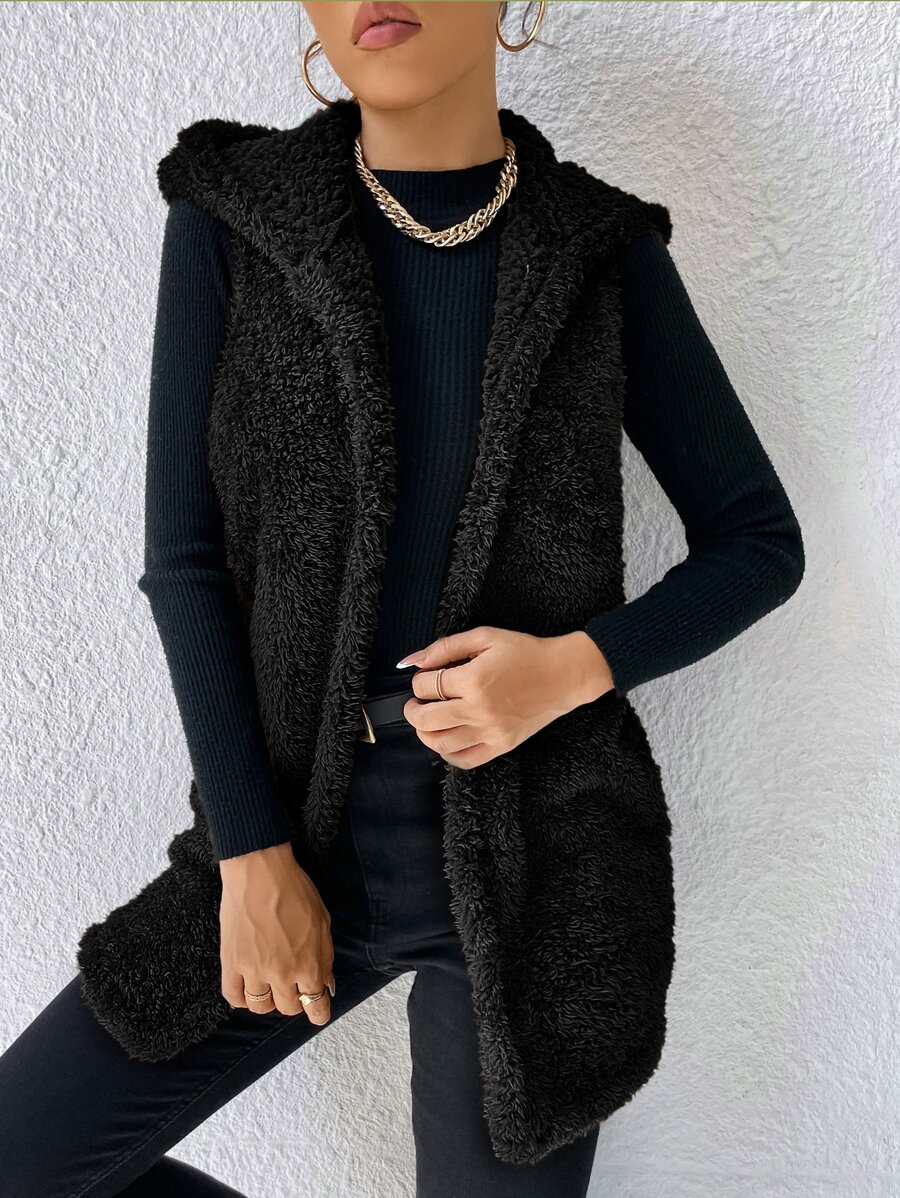 SHEIN LUNE Open Front Hooded Flannel Vest Coat - Black - View 1