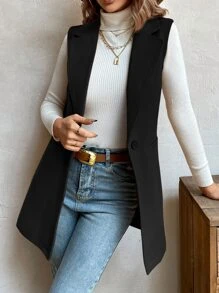 BizChic Solid Lapel Neck Vest Overcoat Workwear - Black - View 1