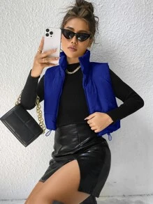 SHEIN Essnce Drawstring Hem Puffer Vest Coat In Fall/Winter - Royal Blue - View 3