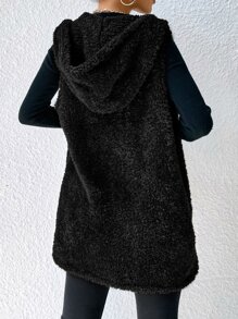SHEIN LUNE Open Front Hooded Flannel Vest Coat - Black - View 2