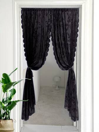 1pc Floral Embroidered Scallop Trim Door Curtain, Black Lace Curtain For Home Door
