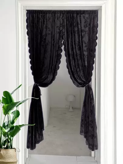 1pc Floral Embroidered Scallop Trim Door Curtain, Black Lace Curtain For Home Door
