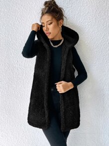 SHEIN LUNE Open Front Hooded Flannel Vest Coat - Black - View 3