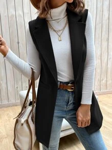 BizChic Solid Lapel Neck Vest Overcoat Workwear - Black - View 4