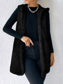 SHEIN LUNE Open Front Hooded Flannel Vest Coat - Black - View 5