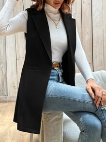 BizChic Solid Lapel Neck Vest Overcoat Workwear - Black - View 6
