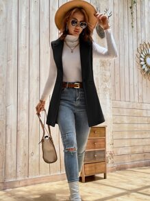 BizChic Solid Lapel Neck Vest Overcoat Workwear - Black - View 7