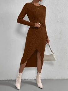SHEIN Privé Solid Twist Asymmetrical Hem Bodycon Dress - Brown - View 4
