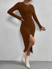 SHEIN Privé Solid Twist Asymmetrical Hem Bodycon Dress - Brown - View 6