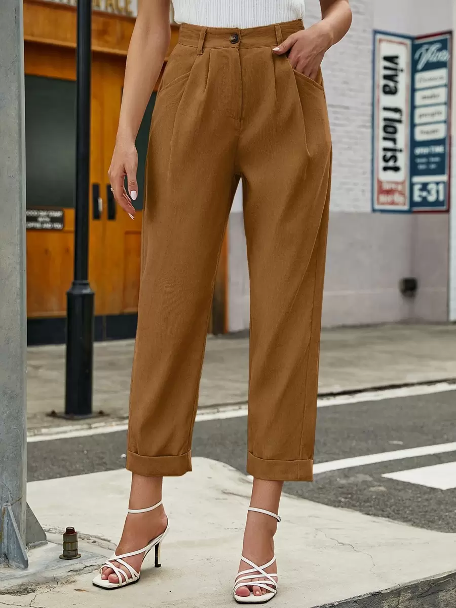 Chiquease High Waist Roll Hem Straight Leg Trousers - Brown - View 1