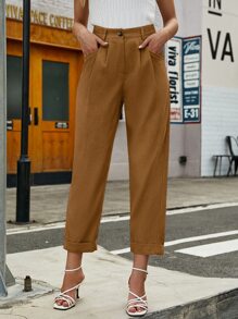 Chiquease High Waist Roll Hem Straight Leg Trousers - Brown - View 6