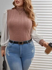 SHEIN Clasi Plus Contrast Puff Sleeve Mock Neck Top