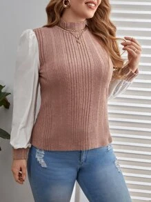 SHEIN Clasi Plus Contrast Puff Sleeve Mock Neck Top