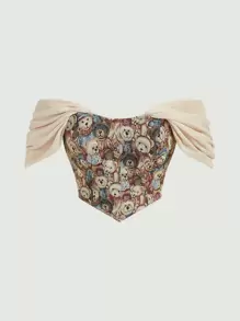 SHEIN MOD Top corto con estampado de oso de hombros descubiertos fruncido - Multicolor - Ver 2