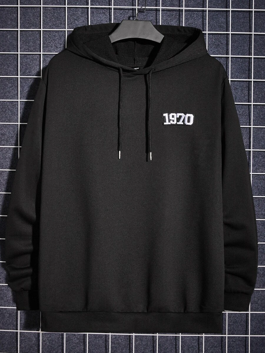 EASEVO 男士字母刺繡抽繩連帽衫 - 黑色 - 查看 1