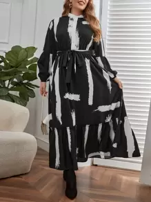 SHEIN Clasi Đầm Plus Size Thắt lưng Nút phía trước Viên lá sen Đồ họa Thanh lịch - màu đen - Xem 1