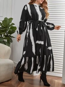 SHEIN Clasi Đầm Plus Size Thắt lưng Nút phía trước Viên lá sen Đồ họa Thanh lịch - màu đen - Xem 3