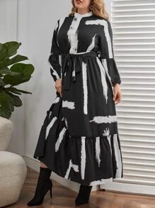 SHEIN Clasi Đầm Plus Size Thắt lưng Nút phía trước Viên lá sen Đồ họa Thanh lịch - màu đen - Xem 5