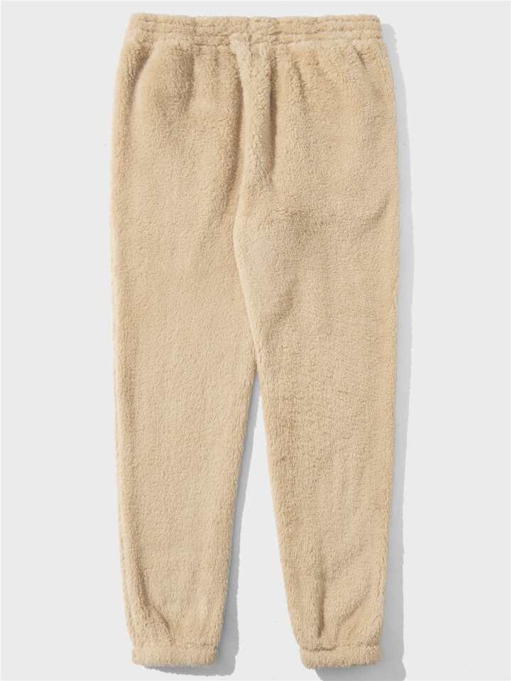 Guys Bear Embroidery Drawstring Waist Coral Fleece Sweatpants