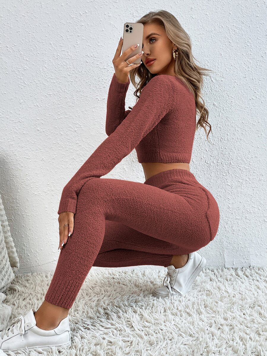 SHEIN Essnce Scoop Neck Crop Jumper & Fluffy Knit Trousers - Chocolate Brown - View 1