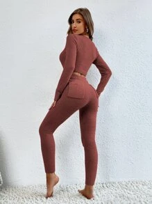 SHEIN Essnce Scoop Neck Crop Jumper & Fluffy Knit Trousers - Chocolate Brown - View 2