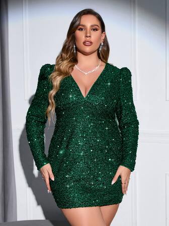 Double Crazy Vestido ajustado de cuello profundo de manga farol con lentejuelas