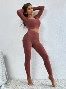 SHEIN Essnce Scoop Neck Crop Jumper & Fluffy Knit Trousers - Chocolate Brown - View 5