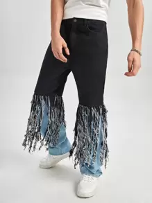 Manfinity Men Fringe Trim Straight Leg Jeans - Black - View 5