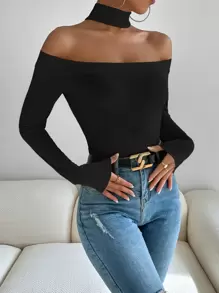 Chiquease Halter Neck Rib-Knit Tee Fall Cloth For Women - Black - View 3