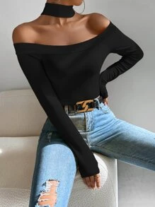 Chiquease Halter Neck Rib-Knit Tee Fall Cloth For Women - Black - View 5